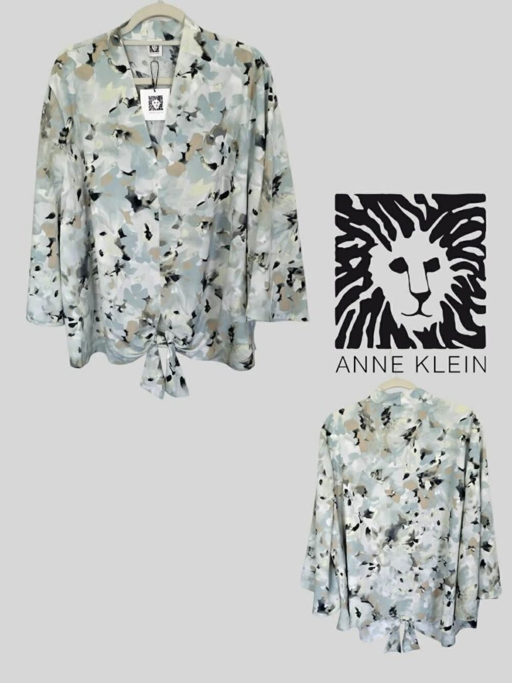 Anne KleinTie Front Closure Floral V Neck Blouse Top  3/4 Sleeve Womens Plus 3X